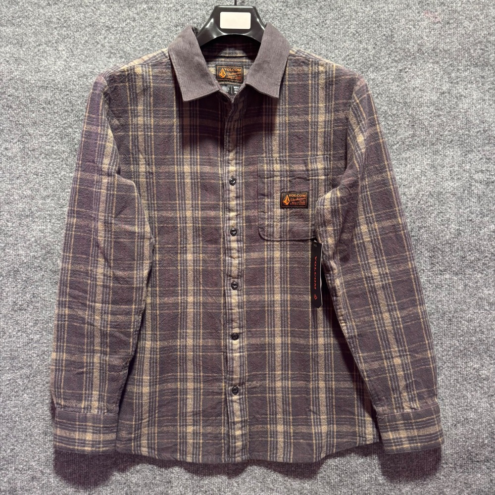 Volcom Workwear Mens Small Plaid Work Shirt Gray Corduroy Collar New NWT